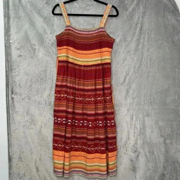 Coldwater Creek Sz 6 Stripe Cotton Embroidered Smocked Cottagecore Hippie Dress - Picture 1 of 16